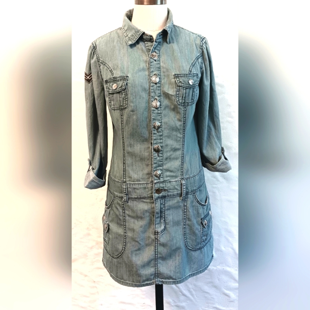 Y2K Baby Phat drop waist cotton denim mini dress with roll tab sleeves. Size 7.